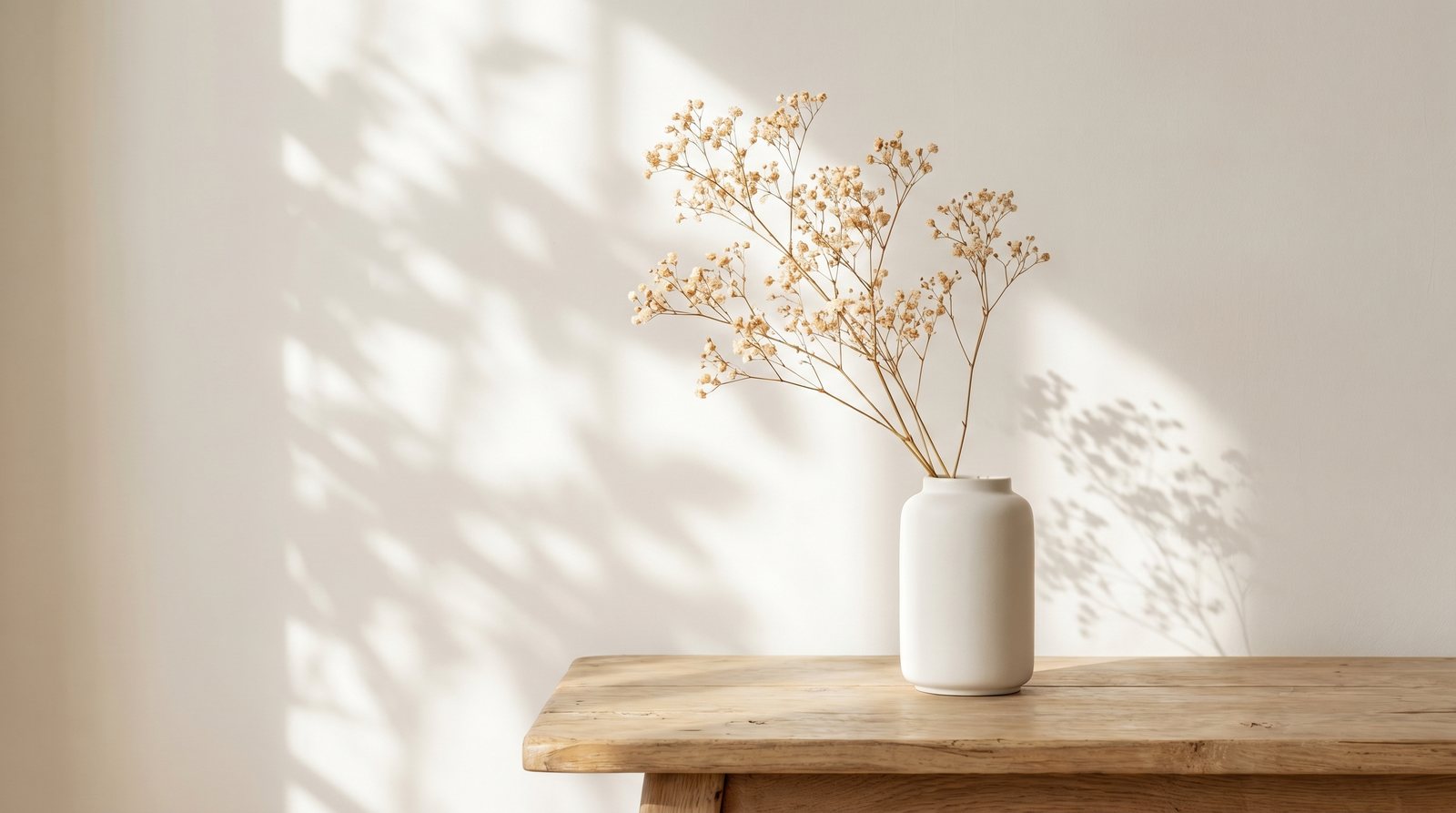 Helle Vase mit zartem Trockenzweig in warmem Licht
